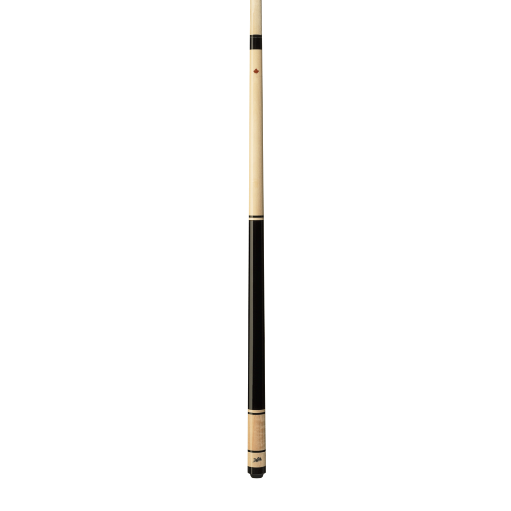 Full view of a break cue with black grip and maple shaft.