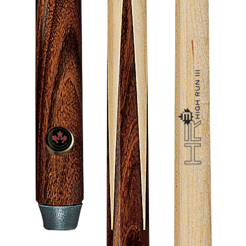 Profile view of the cue butt featuring the brand emblem and metal collar.