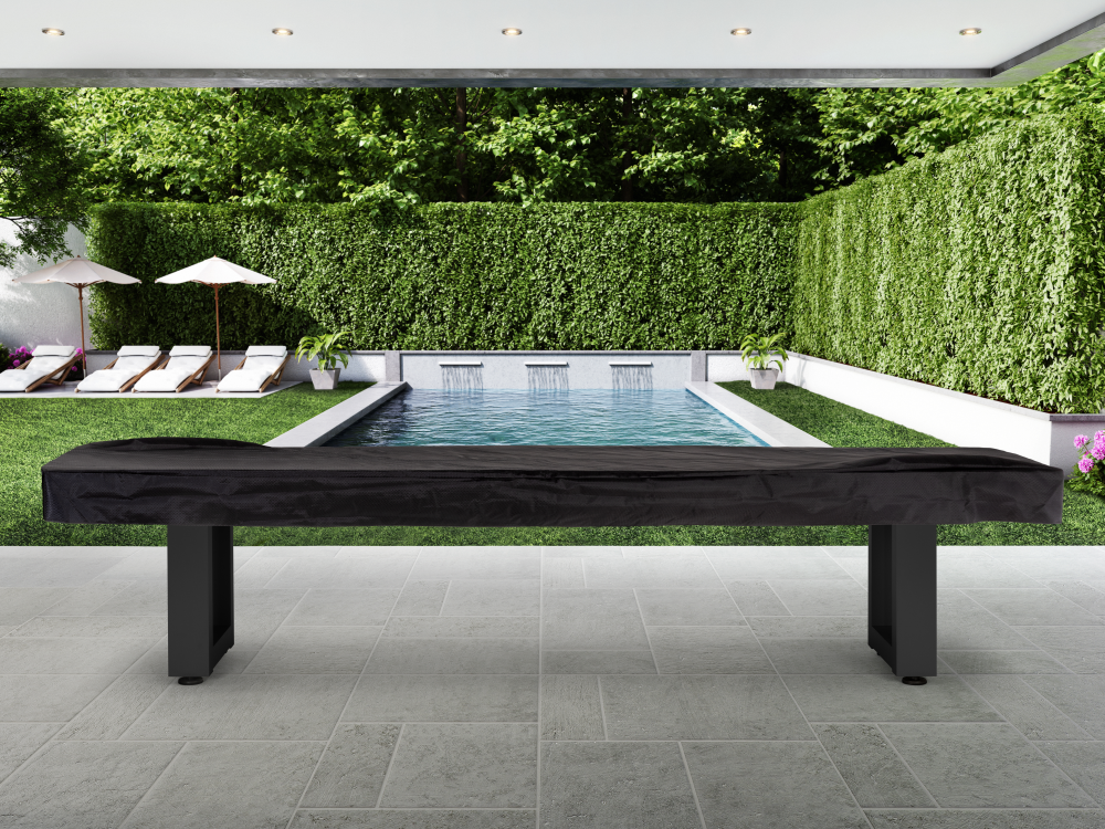 Side profile of black shuffleboard table in contemporary outdoor environment