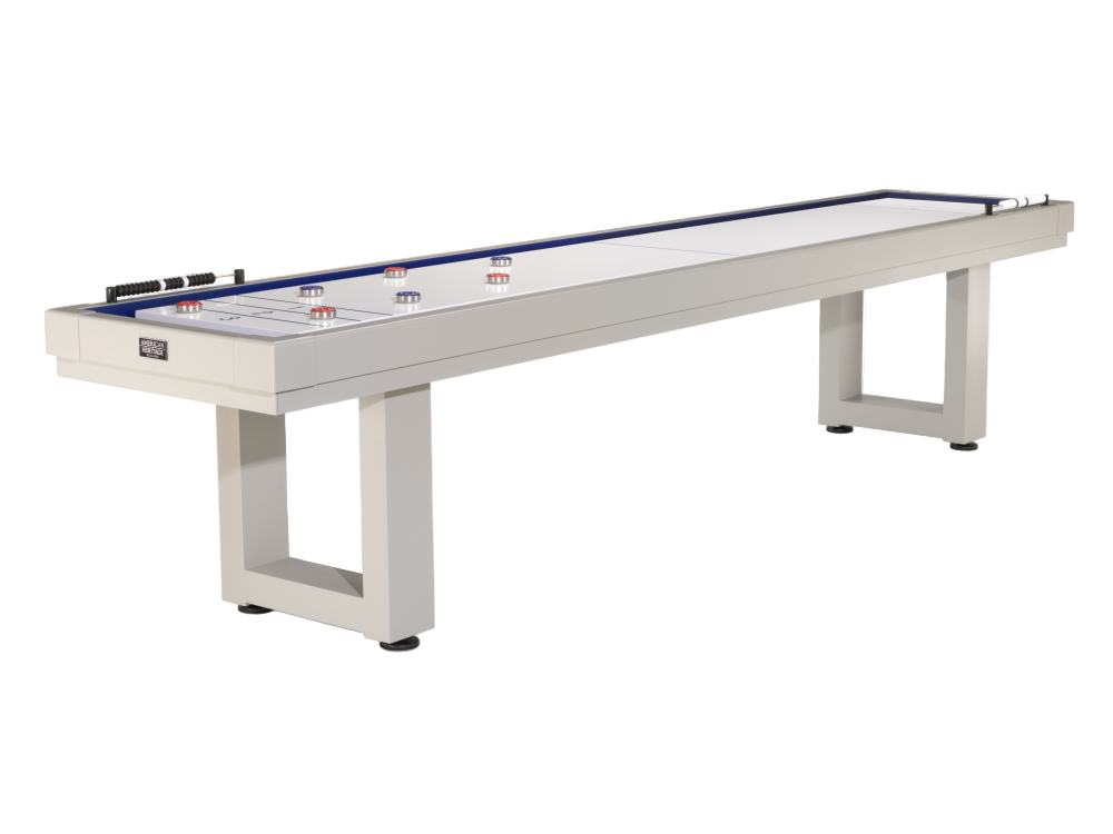 American Heritage Lanai outdoor shuffleboard table with oyster grey finish, angled view