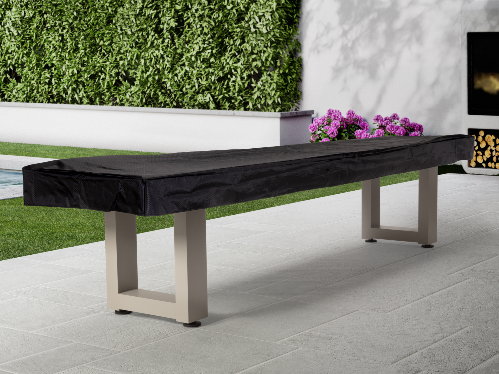 Covered shuffleboard table in outdoor garden landscape setting