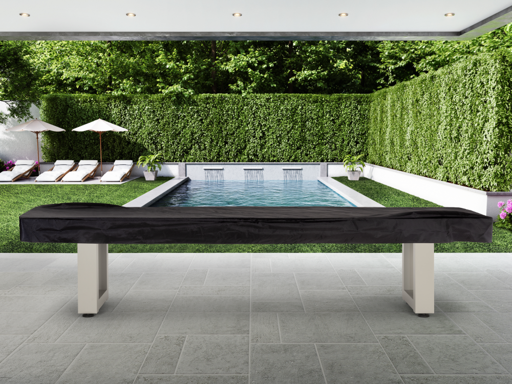 Lanai shuffleboard with black protective cover closed, front angle