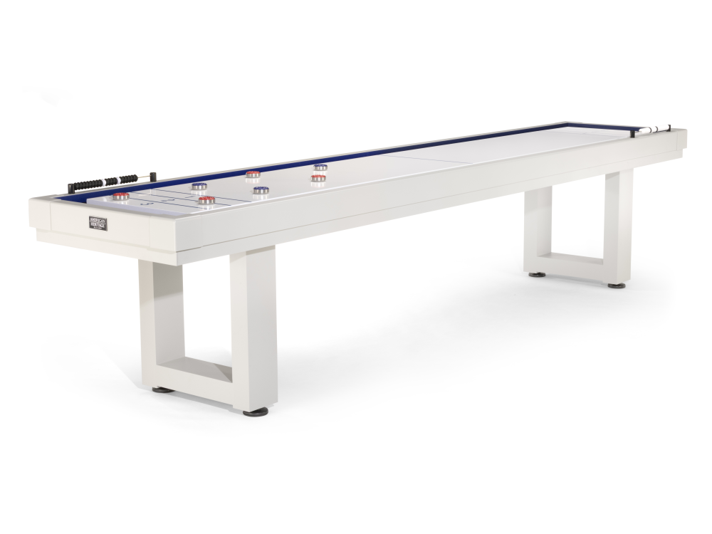 Three-quarter angle view of shuffleboard table with scoring zone