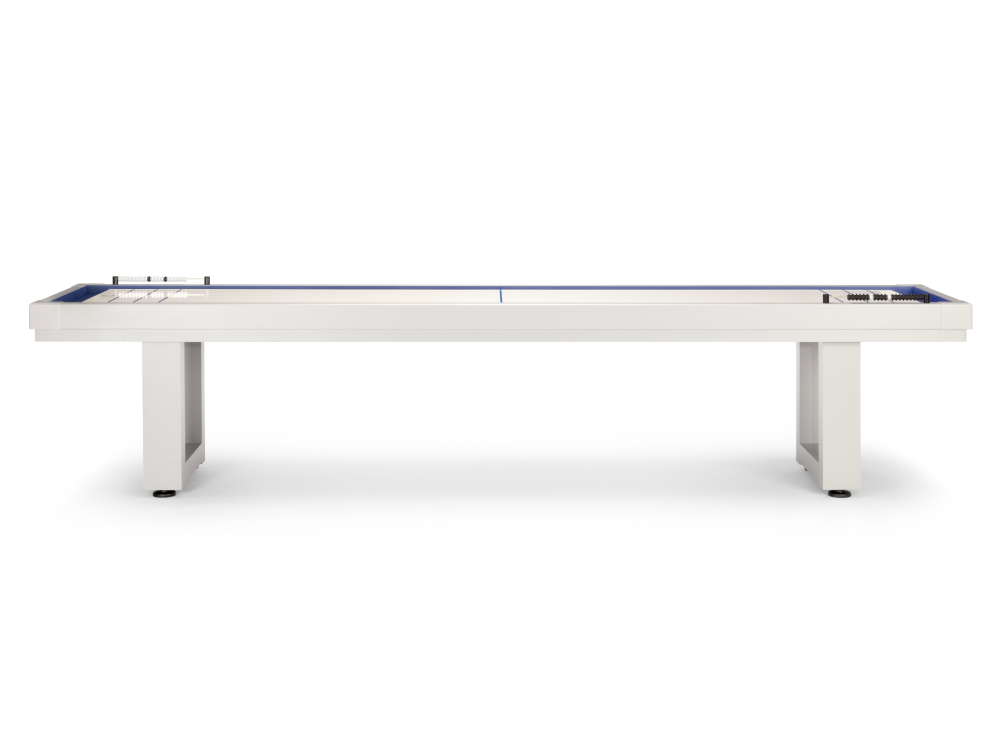 Low-profile side view of shuffleboard table against neutral background