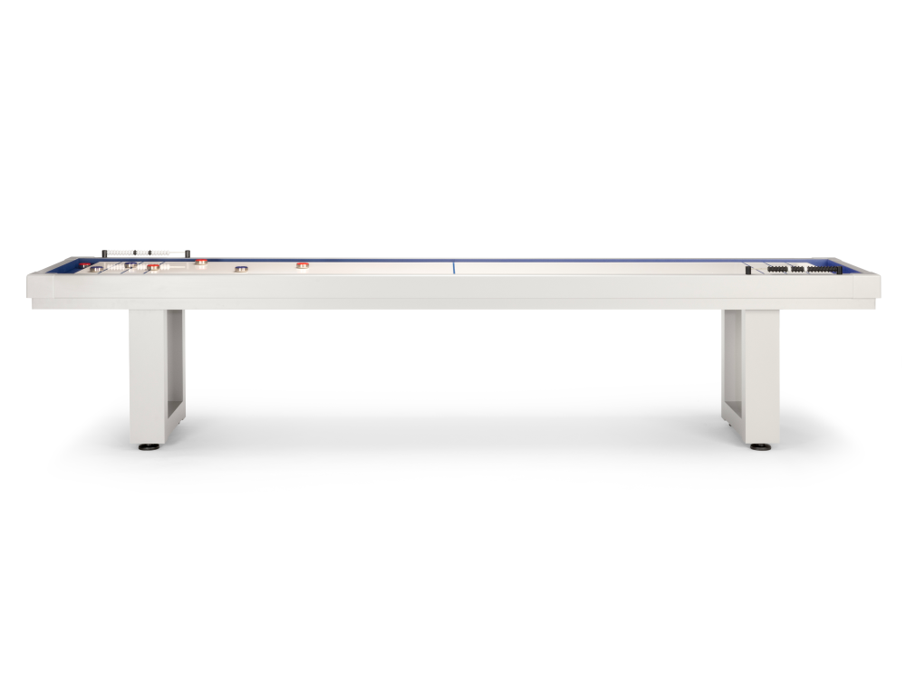 Extended side profile of shuffleboard table showing full length and frame