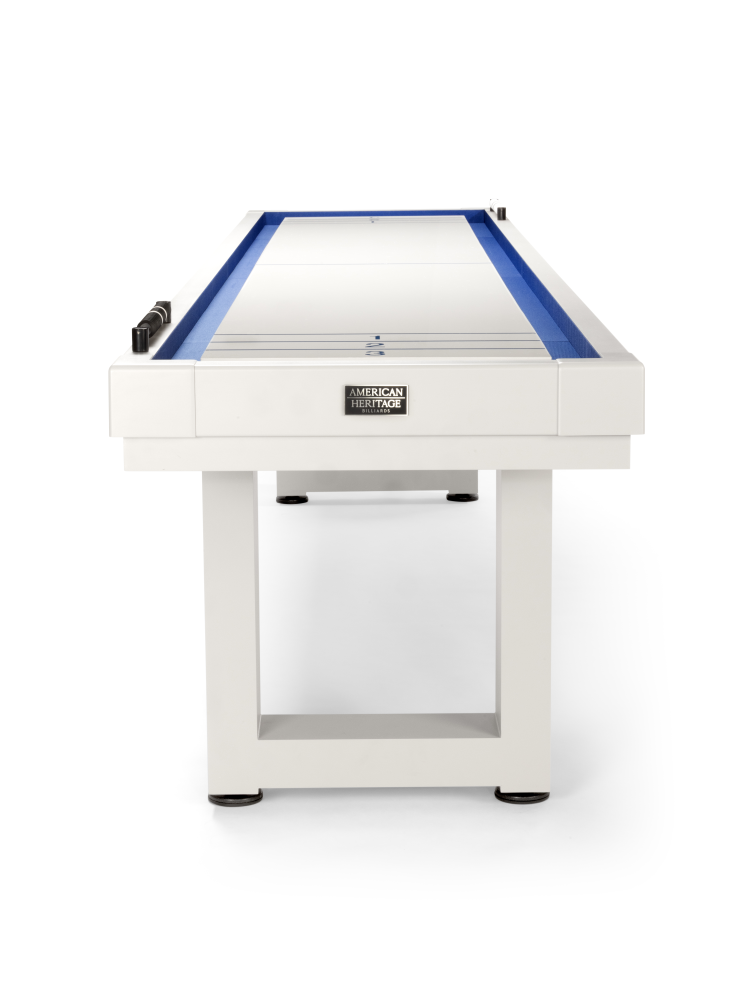 Top-down perspective of shuffleboard scoring area and playing field