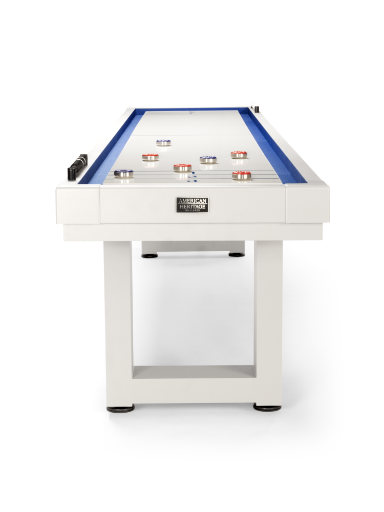 Shuffleboard table overhead view showing playing surface and puck placement
