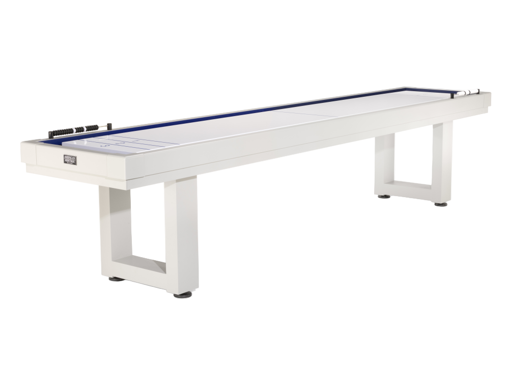 American Heritage Lanai outdoor shuffleboard table in pearl white, angled view