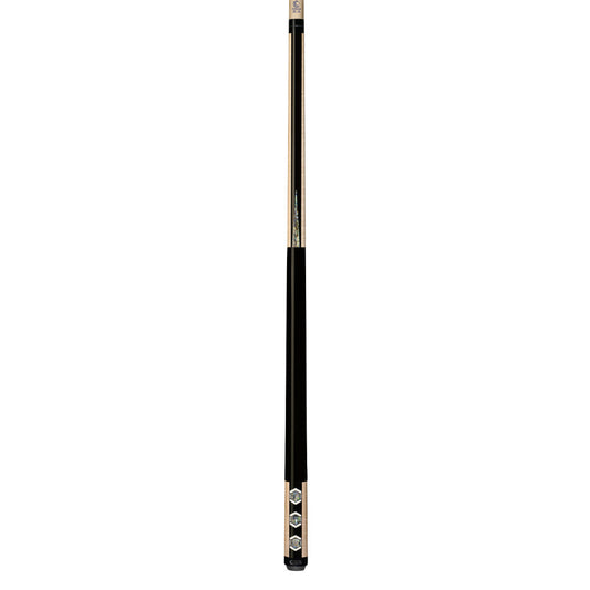 Lucasi Custom LCR Carom Cue featuring birdseye maple and abalone graphic design.