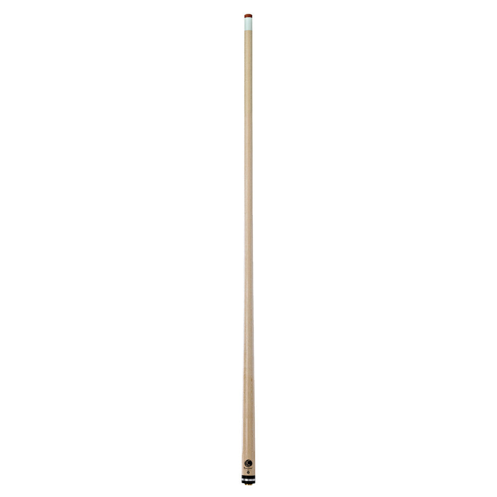 Full view of a light wood billiard cue shaft with a white tip.