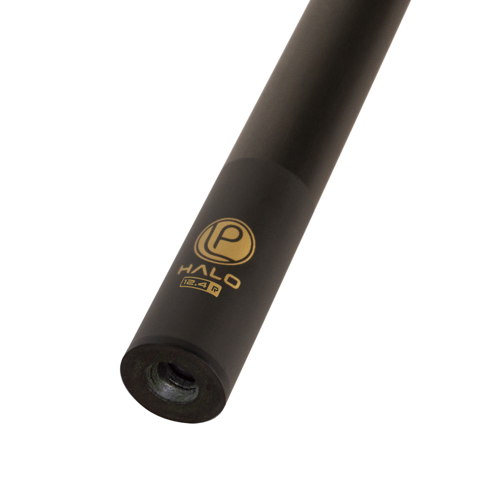 Angled view of carbon fiber shaft's threaded joint and logo