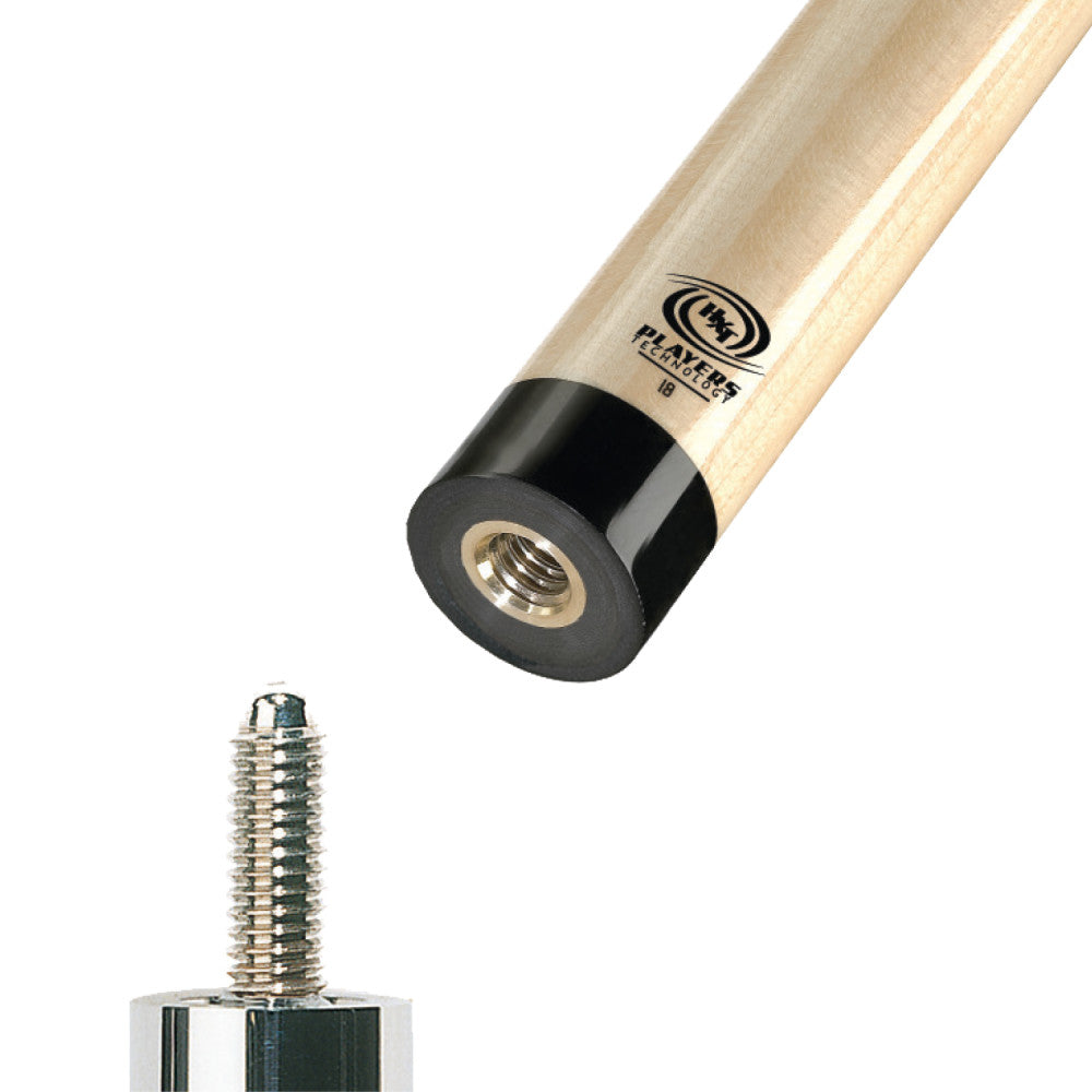 Close-up of a cue shaft joint with an exposed screw thread.