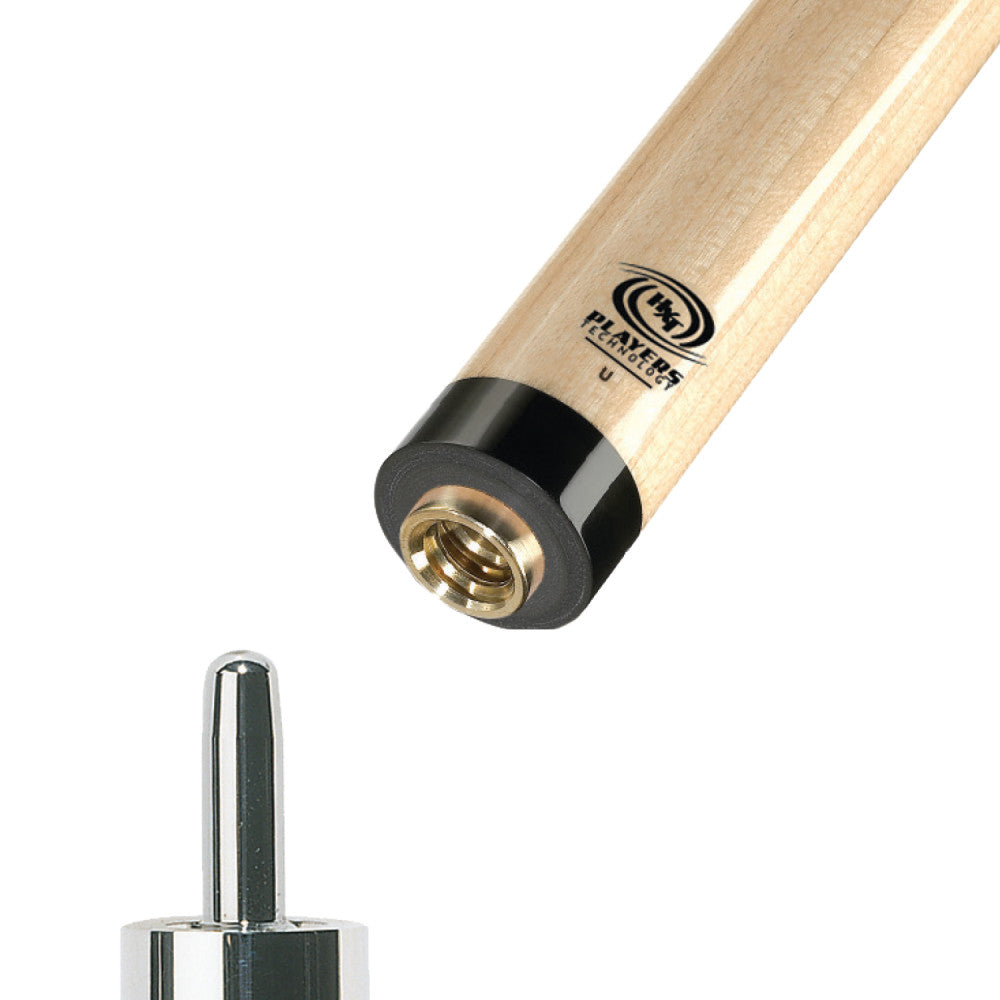 Angled view of the cue shaft joint mechanism and a separate connector.