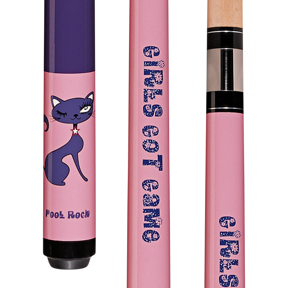 Close-up view of the cue butt design with graphics and text.