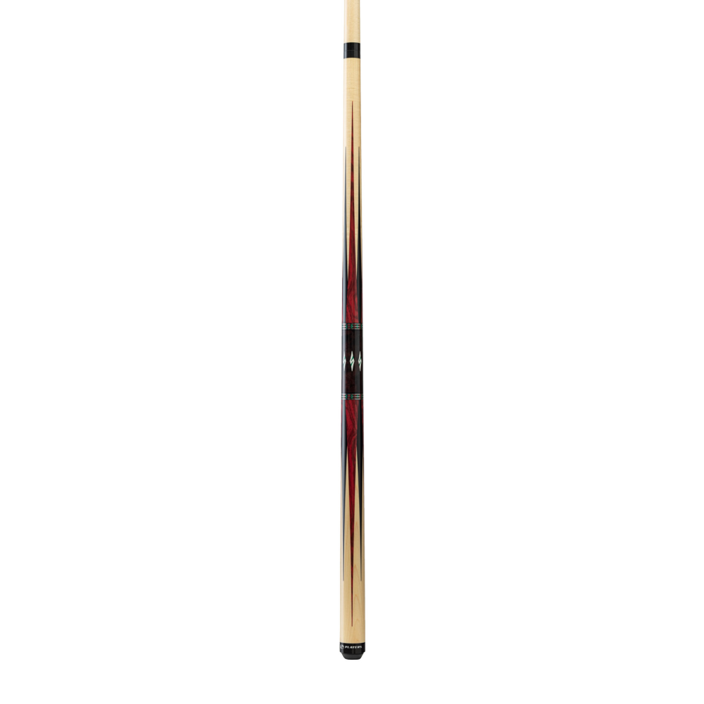 Two-piece cue shown with its characteristic red and black design.