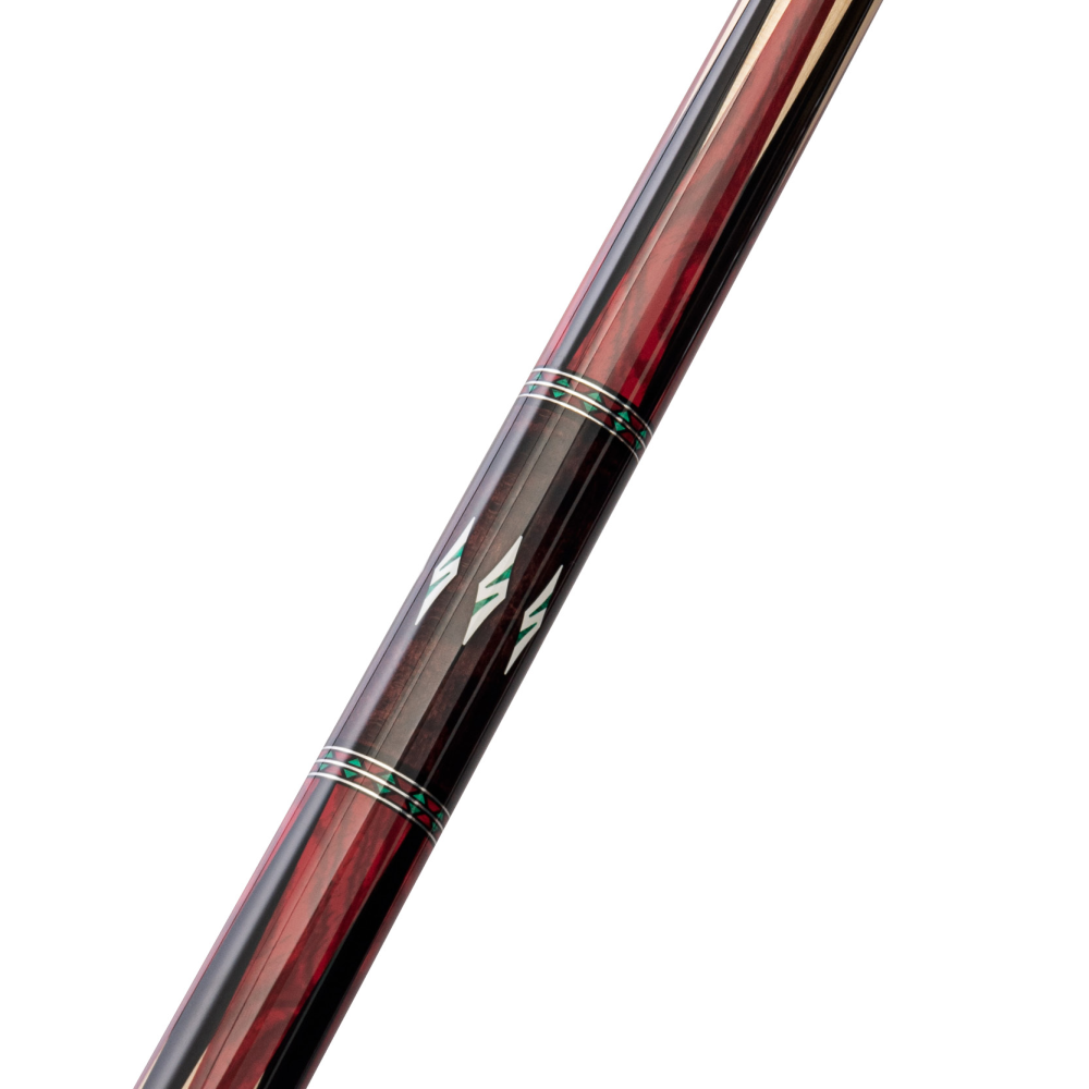 Detailed view of the central inlay pattern on the cue.