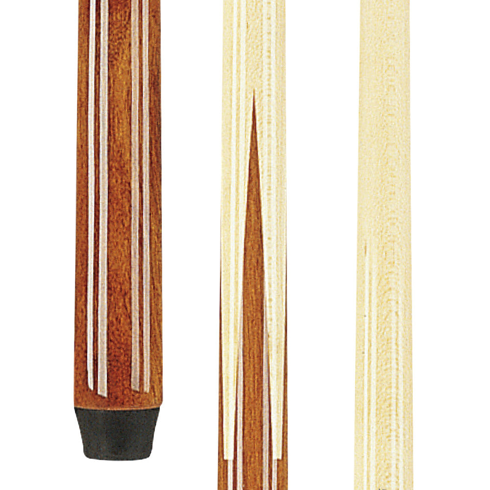 Detail of the cue shaft transition to the butt and the logo on the
