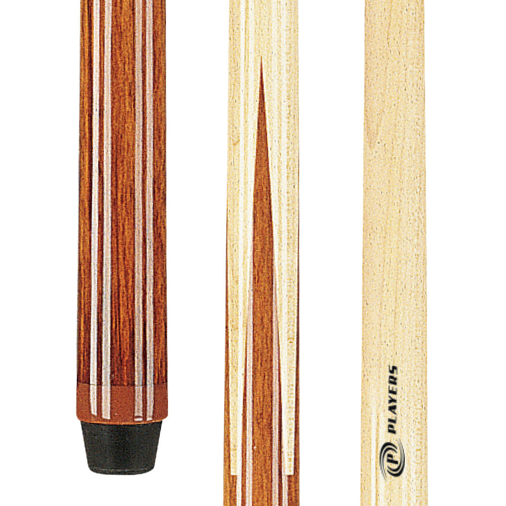 Close-up of the wood grain and stripe pattern on the cue butt.