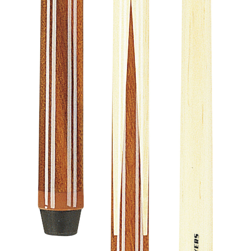 Full view of the short cue with prominent stripe design on the butt.