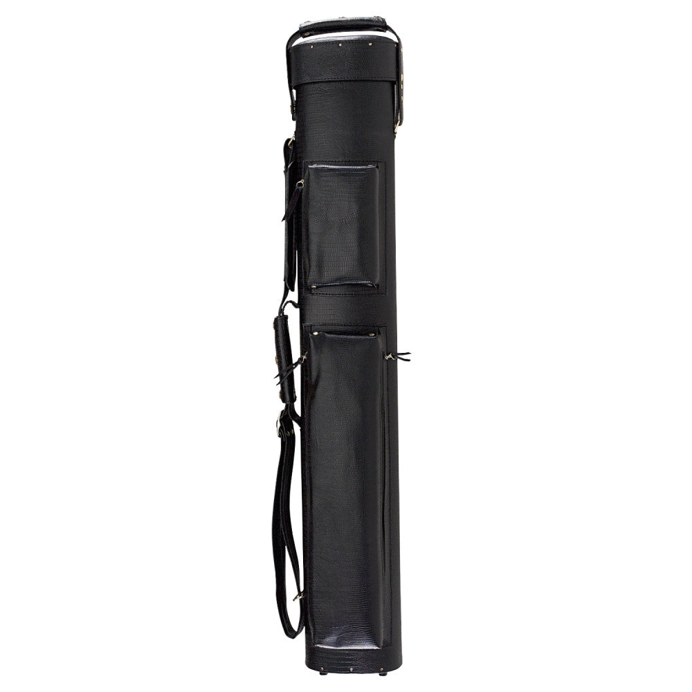 Angled view of the black PS548 cue case with zippered pockets.