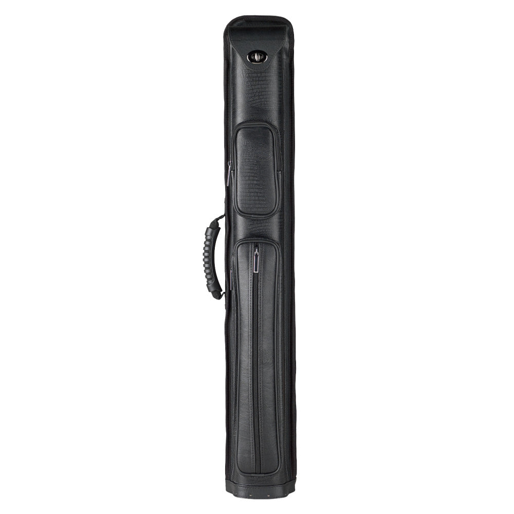 Cue case with textured handle and zippered pocket.