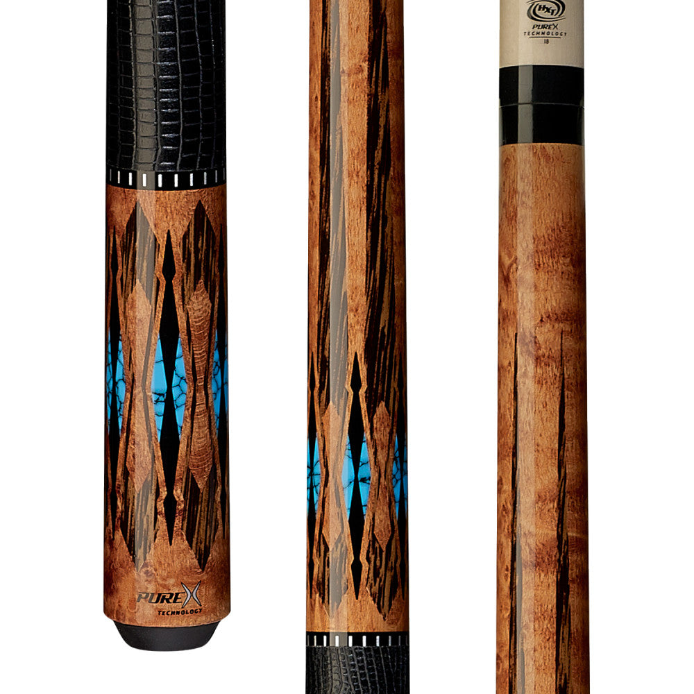Pure X HXTE2 antique birdseye black palm pool cue with blue graphic design.