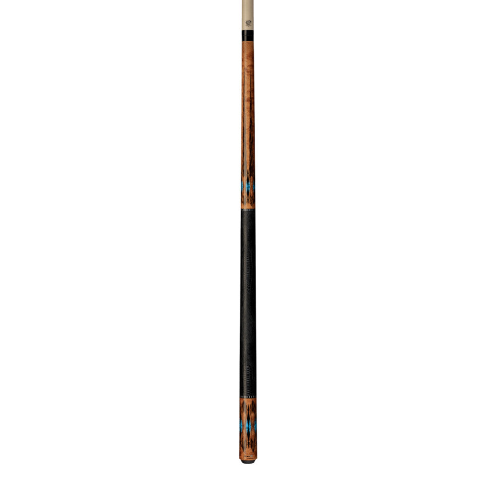 Full view of the two-piece pool cue with black grip.