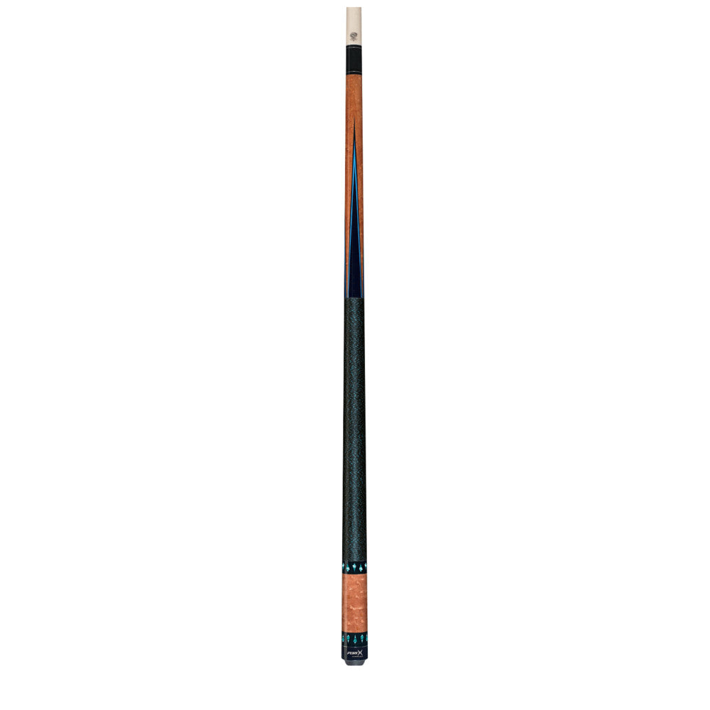 Full view of a cue with a black grip and wood forearm
