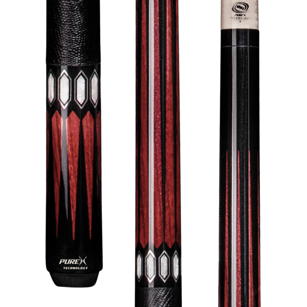 Pure X HXTC cue butt and shaft sections with red and black design.