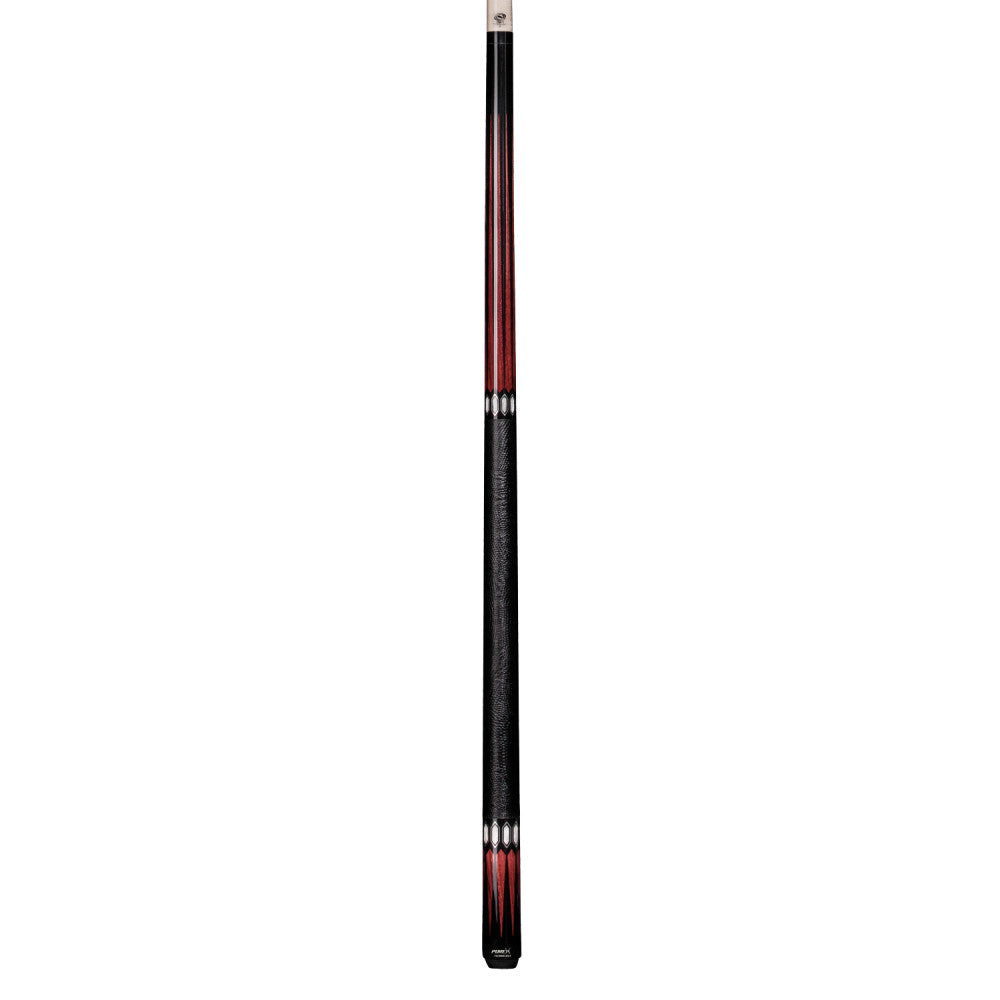 Full view of the cue assembled, showing the black wrap and red accents.