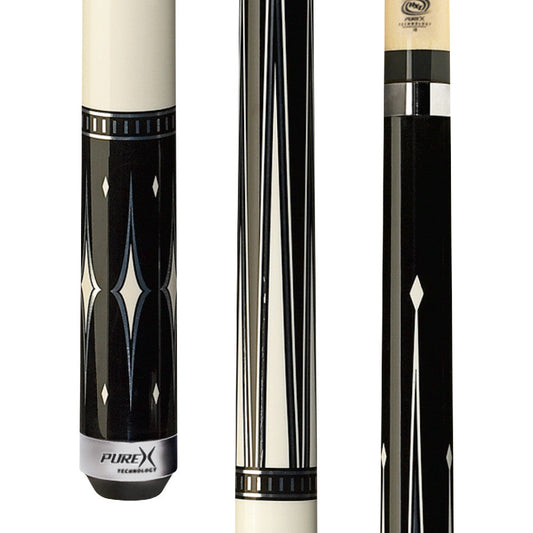 Pure X HXT90 pool cue butt detail highlighting the geometric black, white, and silver 6-point diamond design.