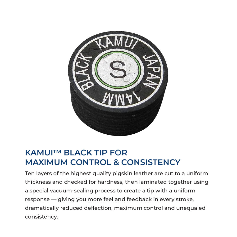 Infographic showing the premium Kamui Black Soft laminated tip features used on HXT series cues.