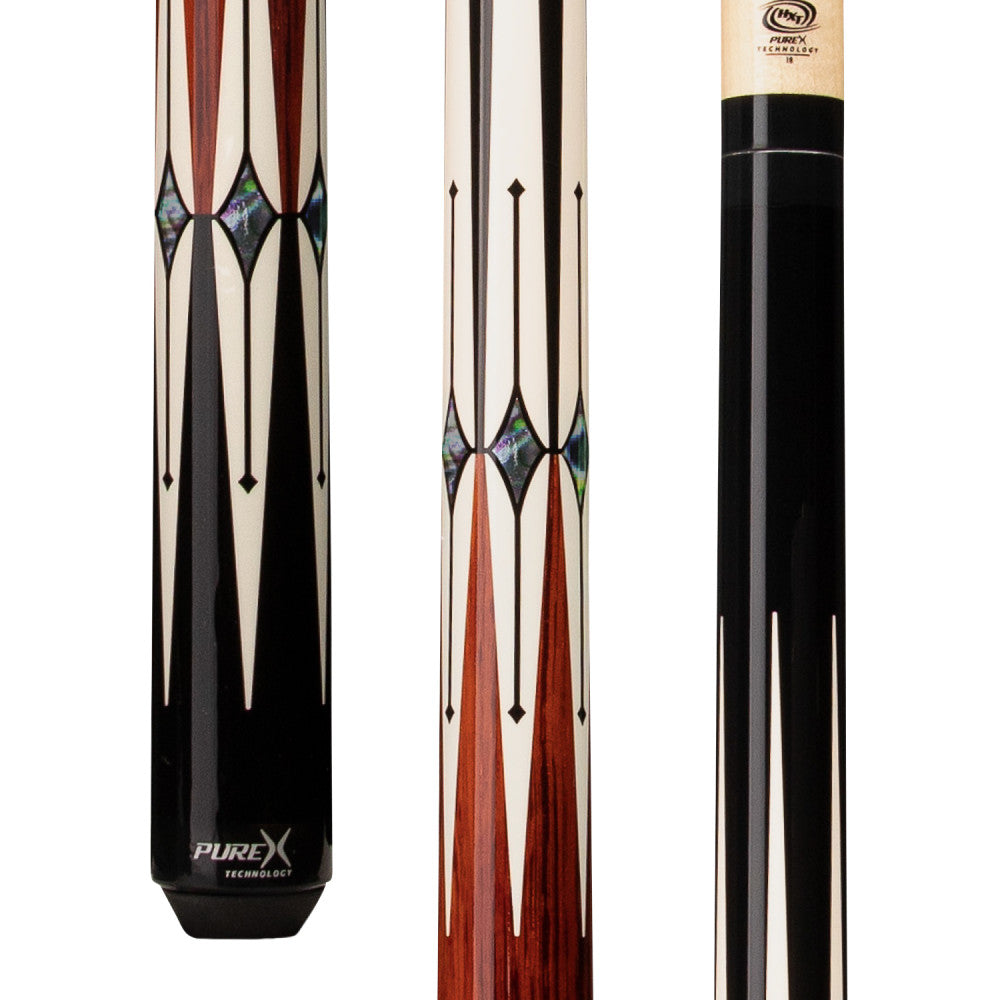 Pure X HXTE1 cue butt with black, cocobolo, and abalone inlay designs.