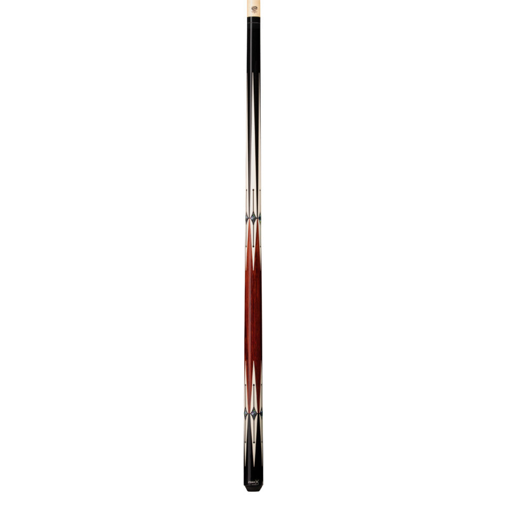 Full view of the HXTE1 pool cue with detailed graphic design.