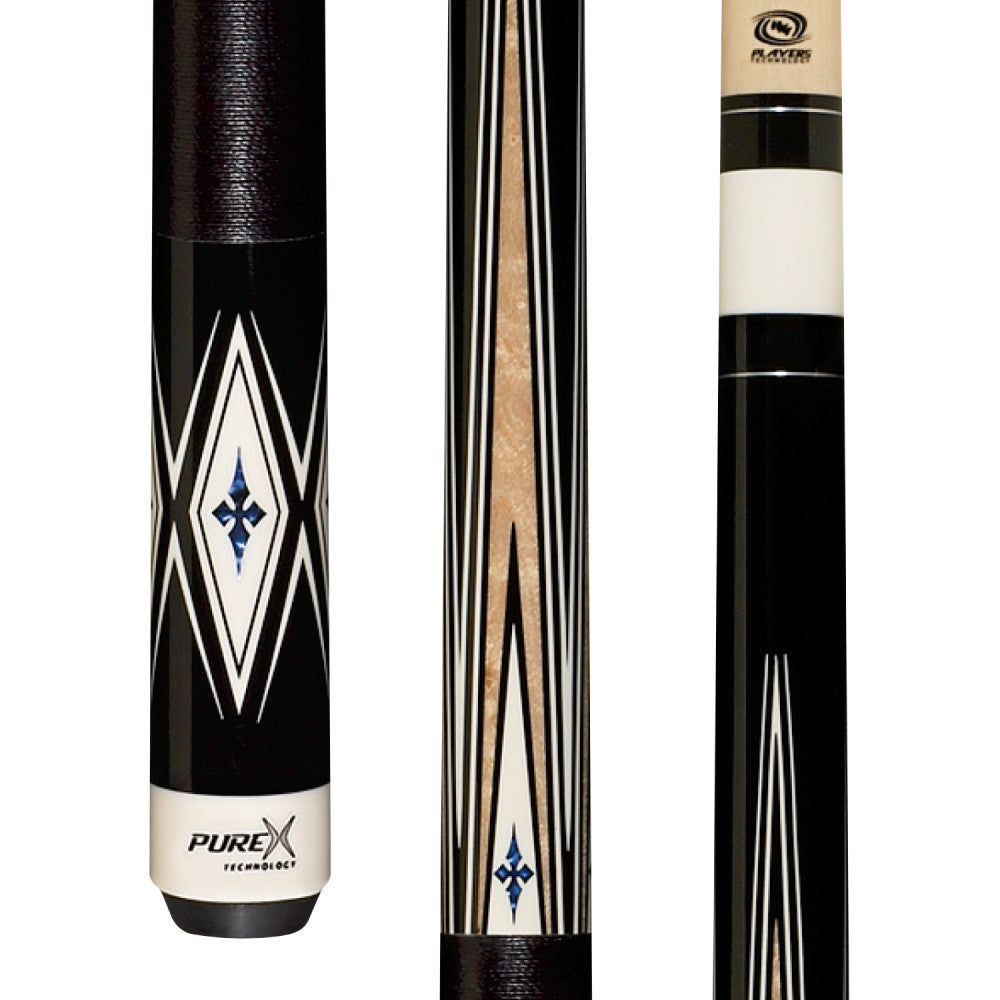 Pure X HXT pool cue with black, natural maple, and cobalt blue accents.
