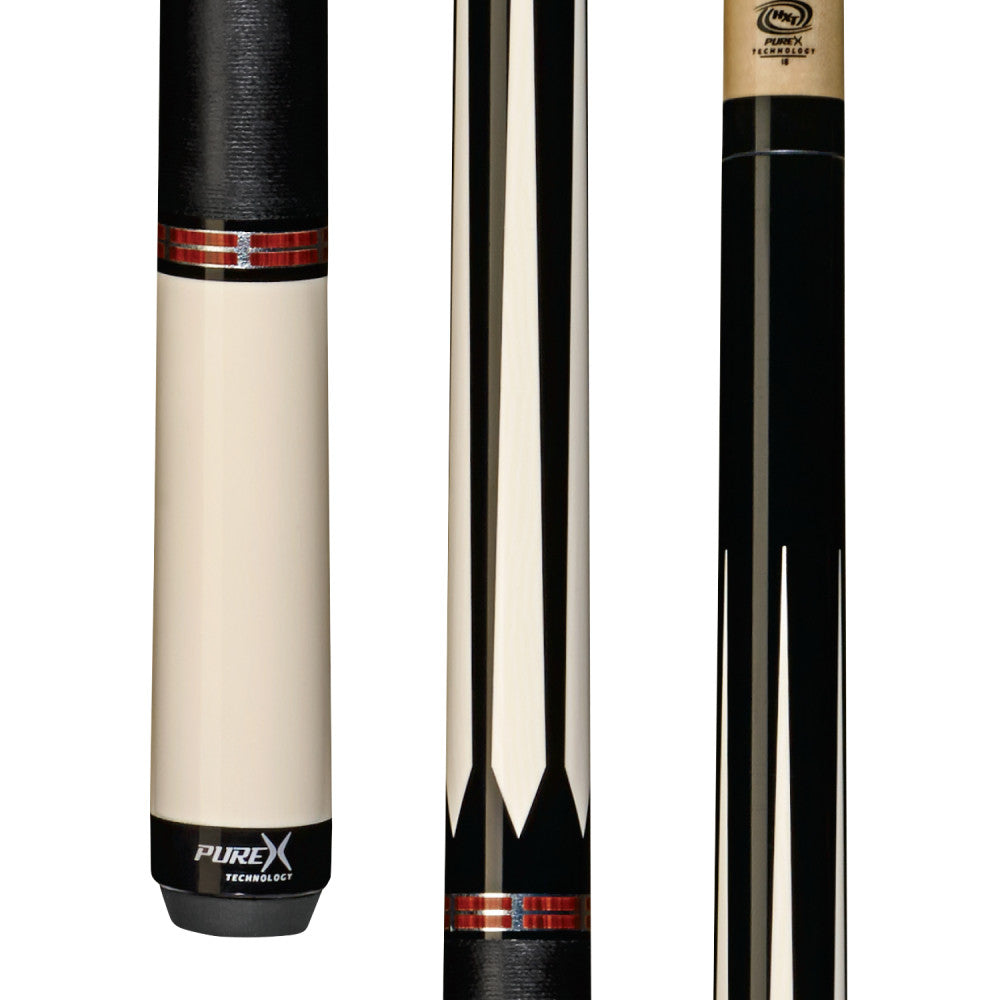 Pure X HXT pool cue showing butt, shaft, and joint with black and white