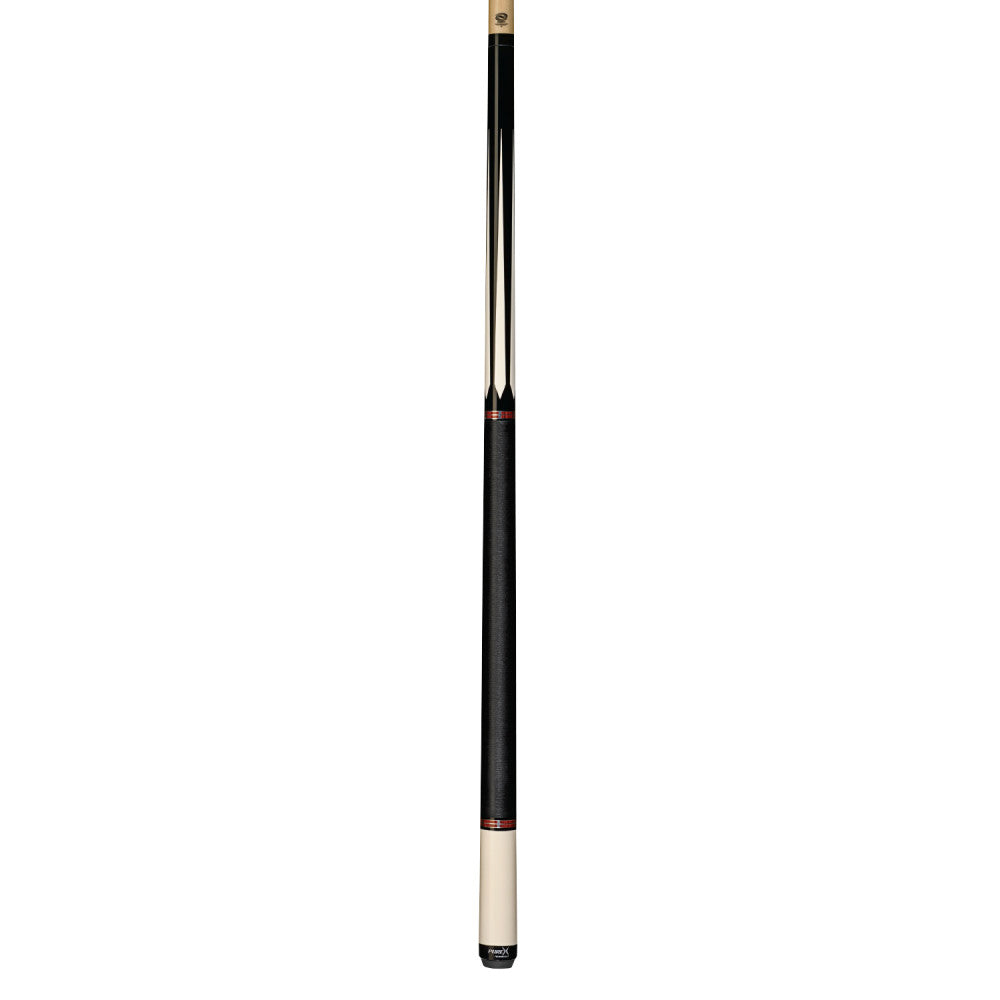 Full view of the black and white cue with black linen wrap.