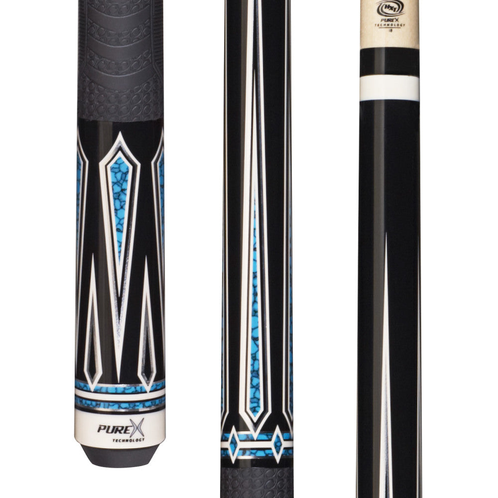 Pure X HXT62 pool cue showing butt with blue graphic design and cue shaft