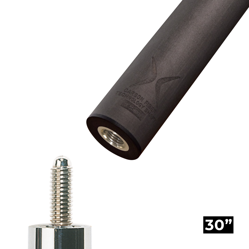 Carbon fiber cue shaft with a visible threaded joint and a 30