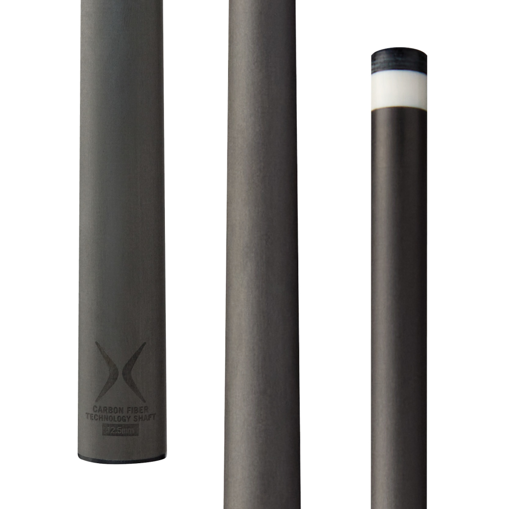 Display of several cue shafts highlighting the texture and branding.