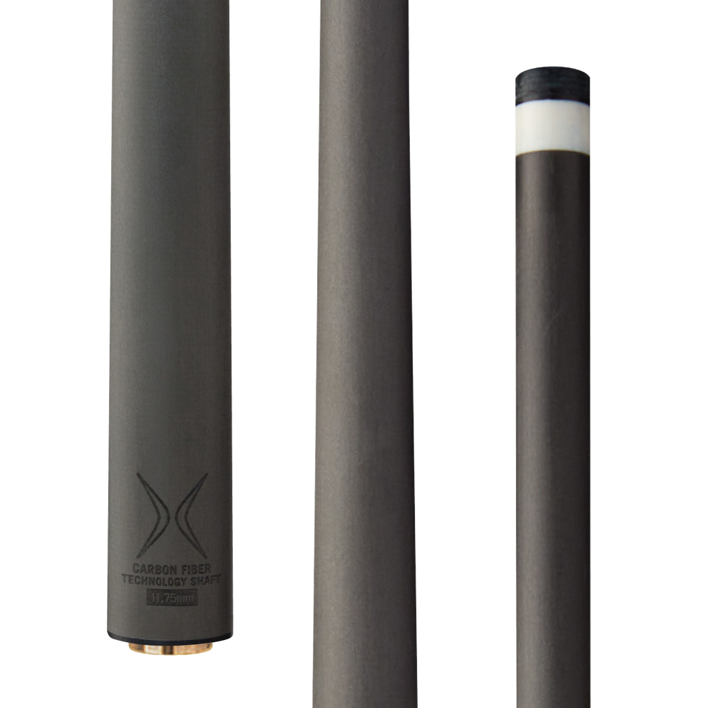 Close-up view of three cue shafts showing the logo and tips.