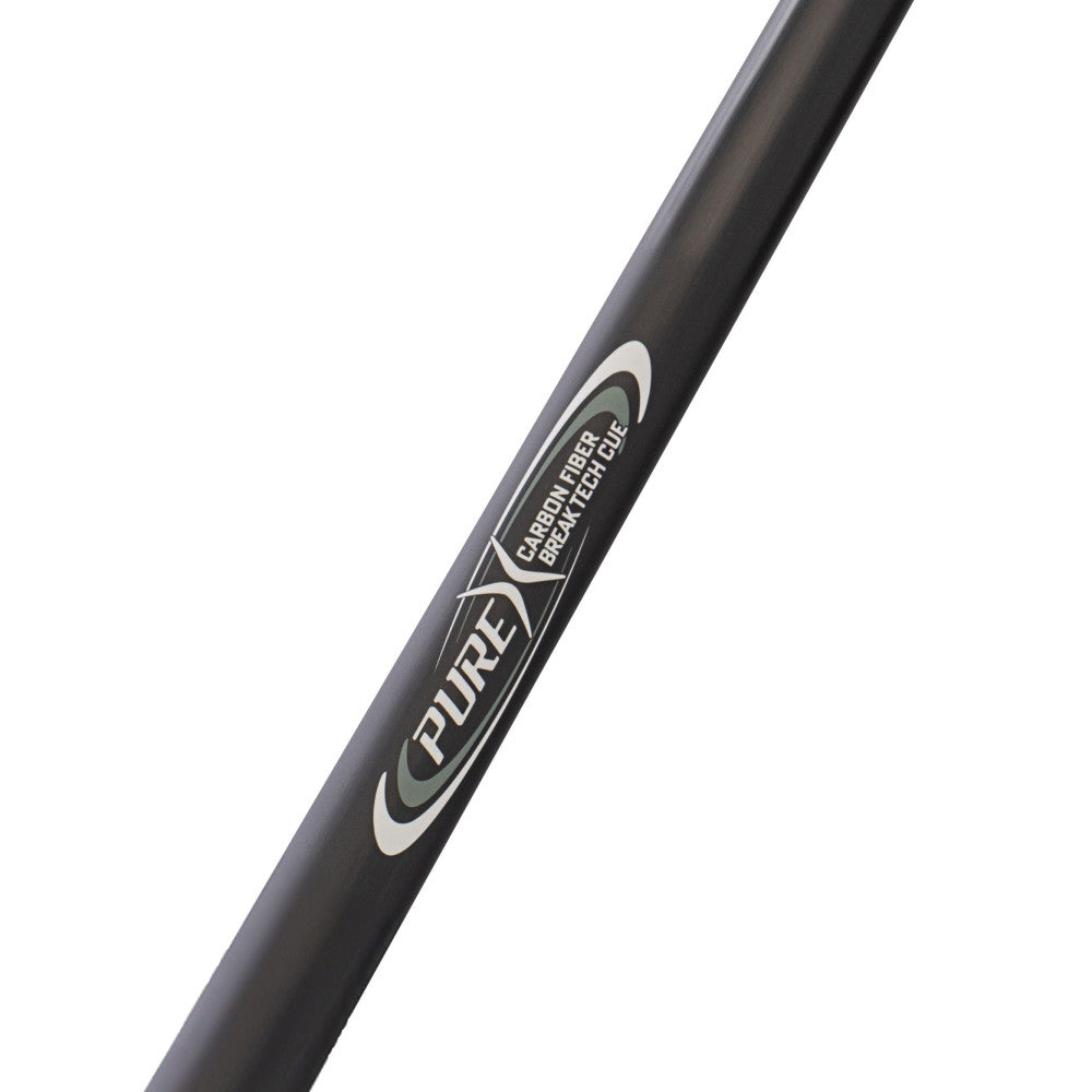 Close-up of the Pure X 'Carbon Fiber Break Tech Cue' logo on the shaft.