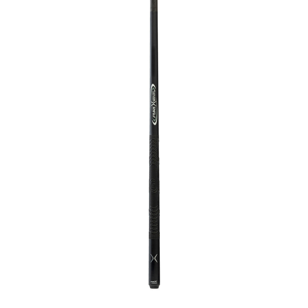 Full view of the Pure X Carbon Fiber Break Cue with black finish and textured handle.