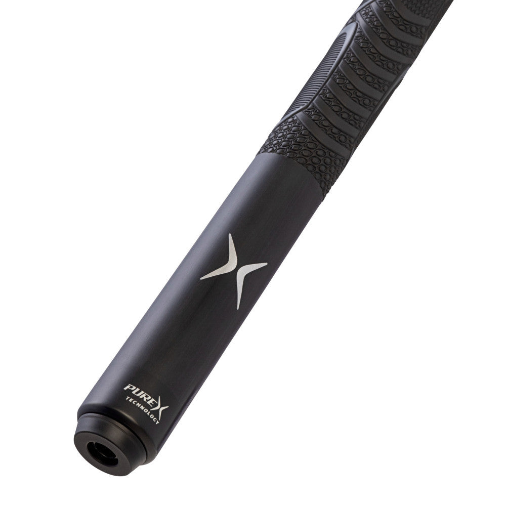 Angled view of the butt cap and tech wood construction of the Pure X break cue.