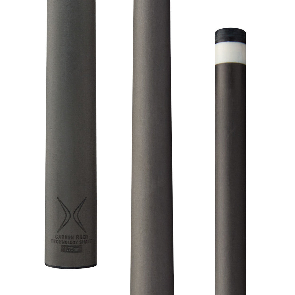 Carbon fiber cue shaft with branding and tip detail