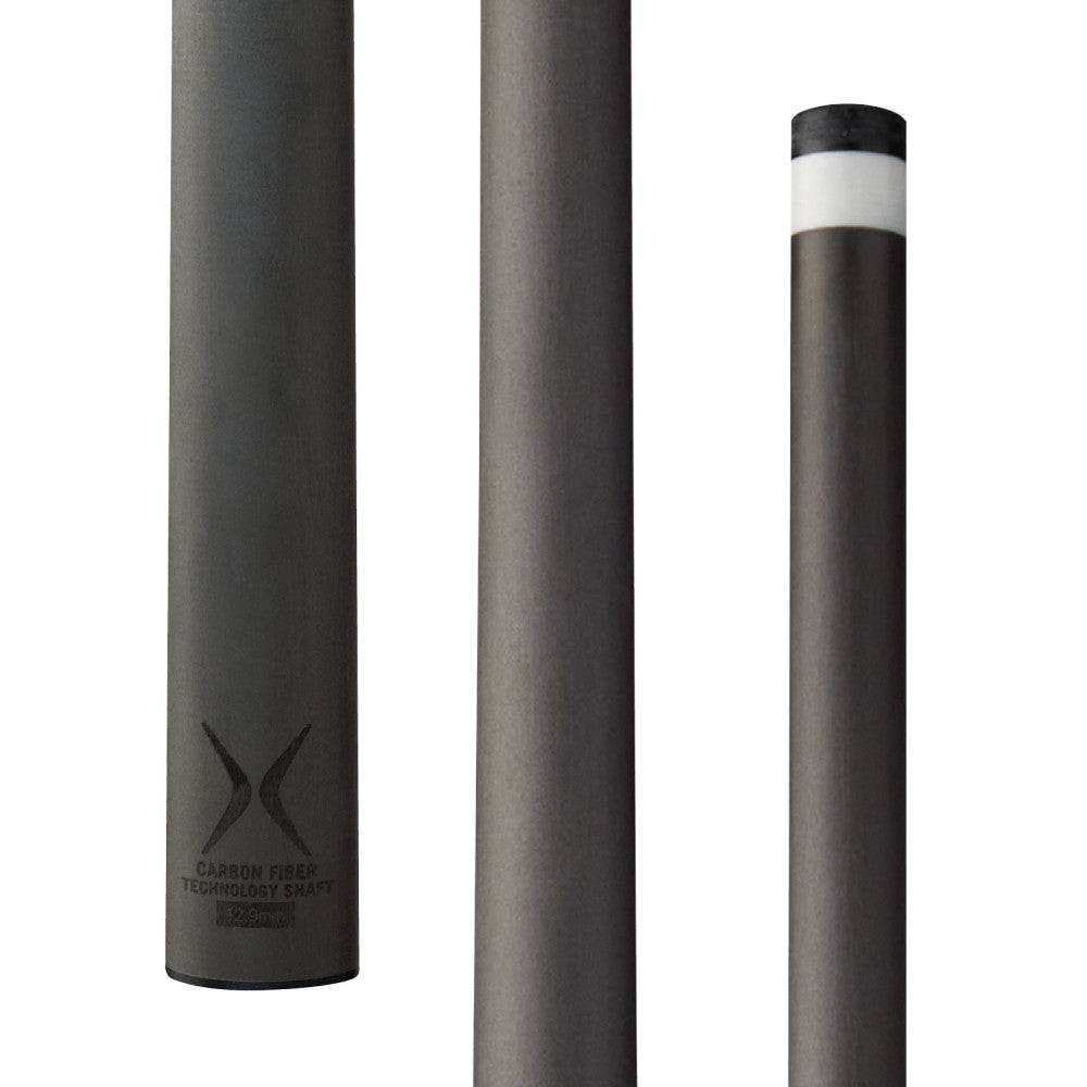 fiber cue shaft with branding and tip detail Carbon detail