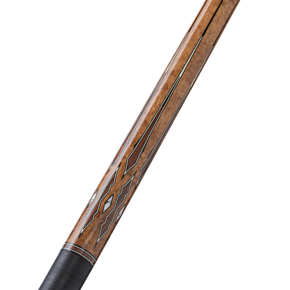 Detailed view of the cue's wood grain and inlaid diamond pattern.