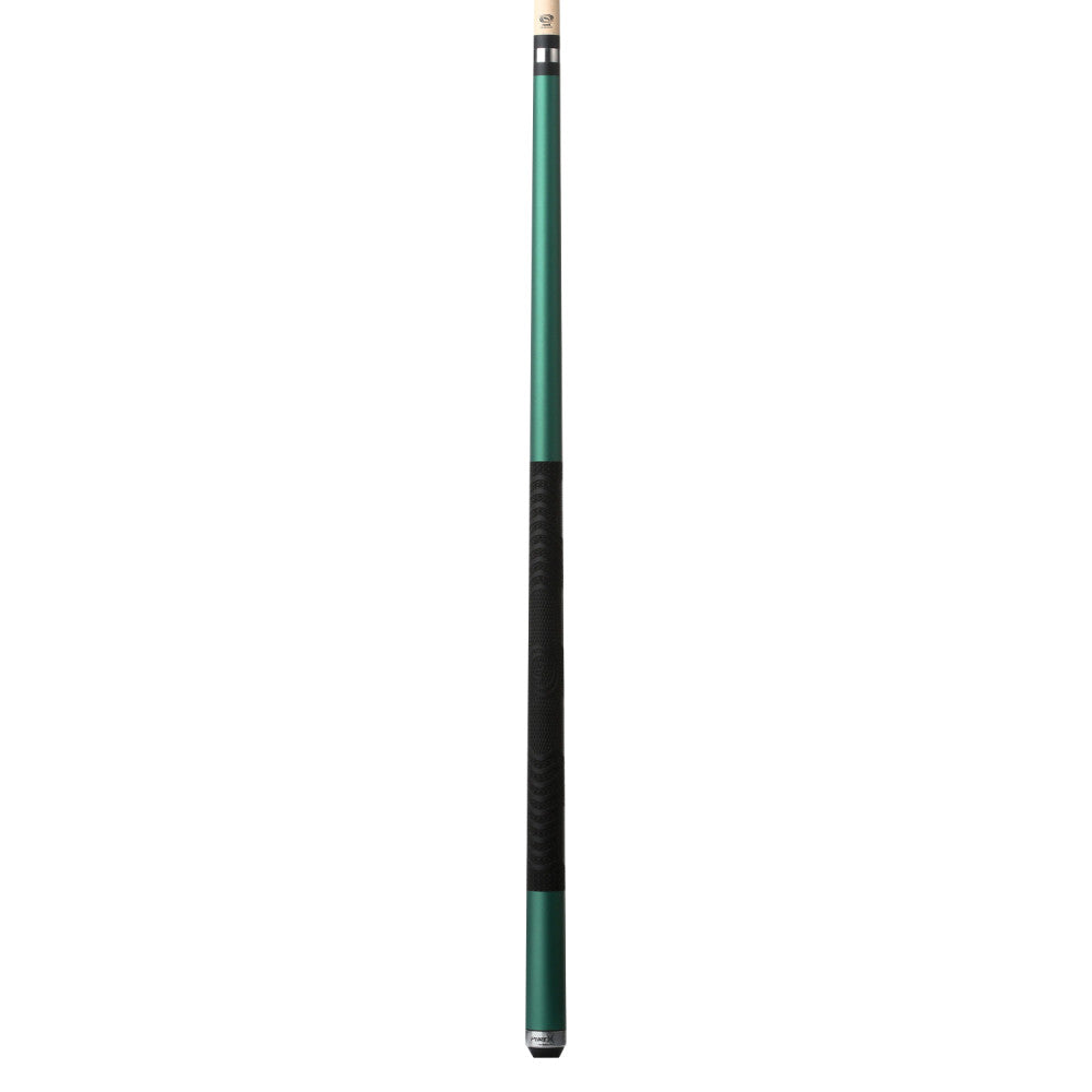 Full view of the emerald green cue with black grip.
