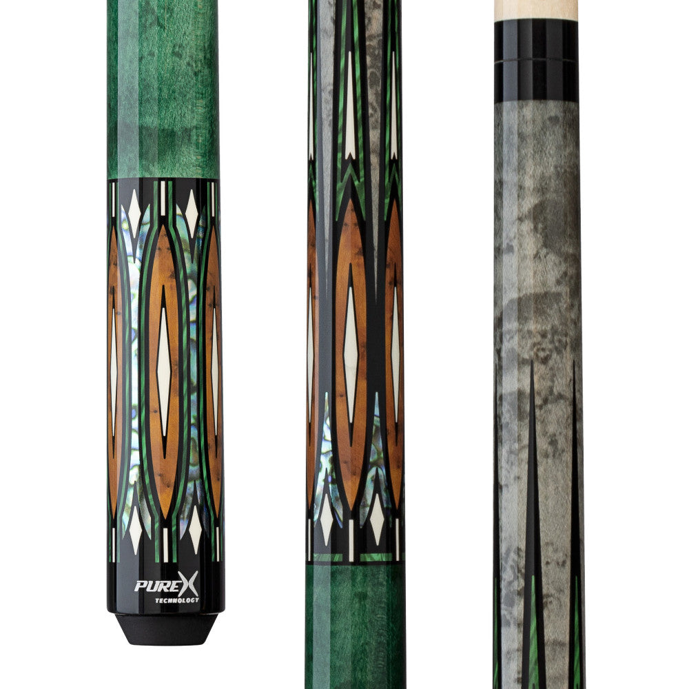 Pure X HXT107 green and grey wrapless cue with malachite inlay.