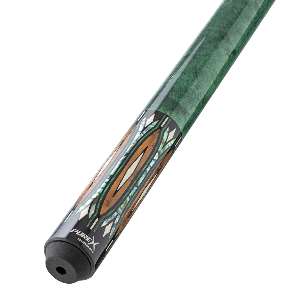 Close-up on the butt of the cue featuring intricate inlay work.